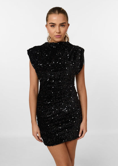 LeRoxy | Dames Mini Jurk met Pailletten en Gewatteerde Schouders | Party & Cocktailjurk