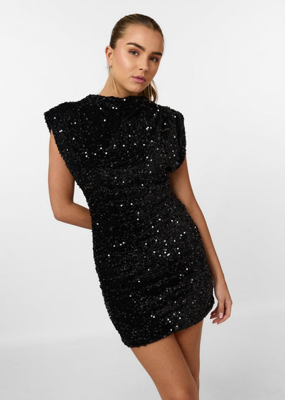 LeRoxy | Dames Mini Jurk met Pailletten en Gewatteerde Schouders | Party & Cocktailjurk