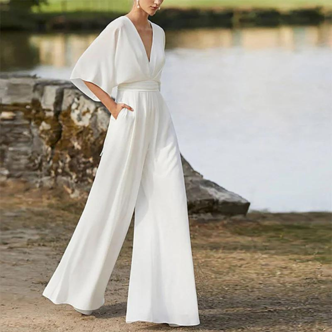 LeRoxy | Dames Jumpsuit met Relaxte Pasvorm, Diepe V-hals & Wijde Pijpen | Ademend Materiaal