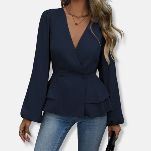 LeRoxy | Dames Blouse Slim Fit V-hals Geweven Stof Lange Bisschopsmouwen