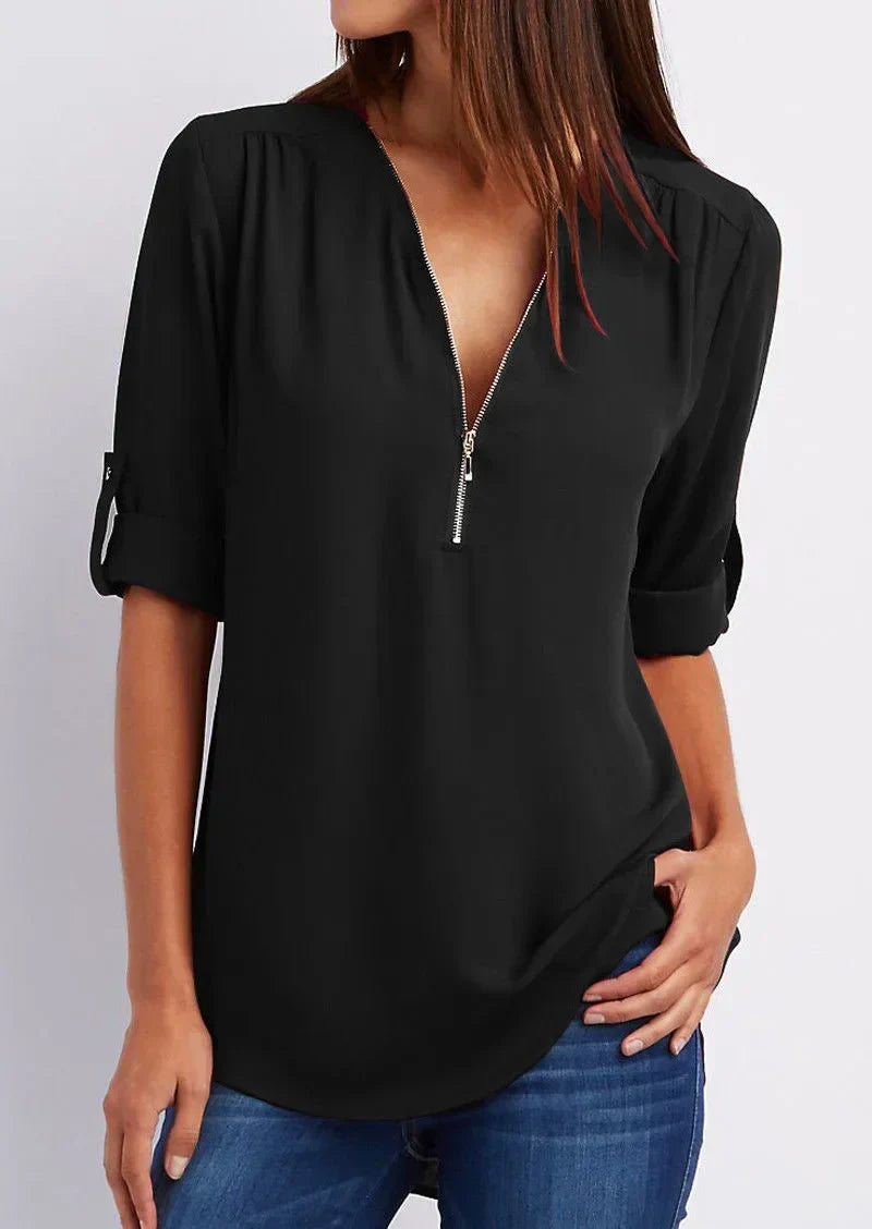 LeRoxy Elegante Damesblouse – V-hals Zip-Up | Stijlvol & Comfortabel