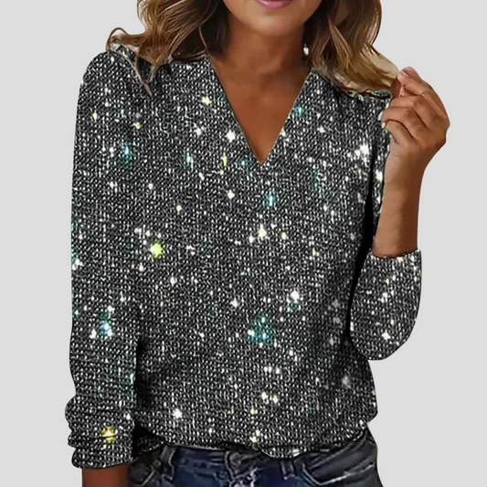 LeRoxy | Elegante V-hals glitterblouse dames met lange mouwen | Feestelijke top