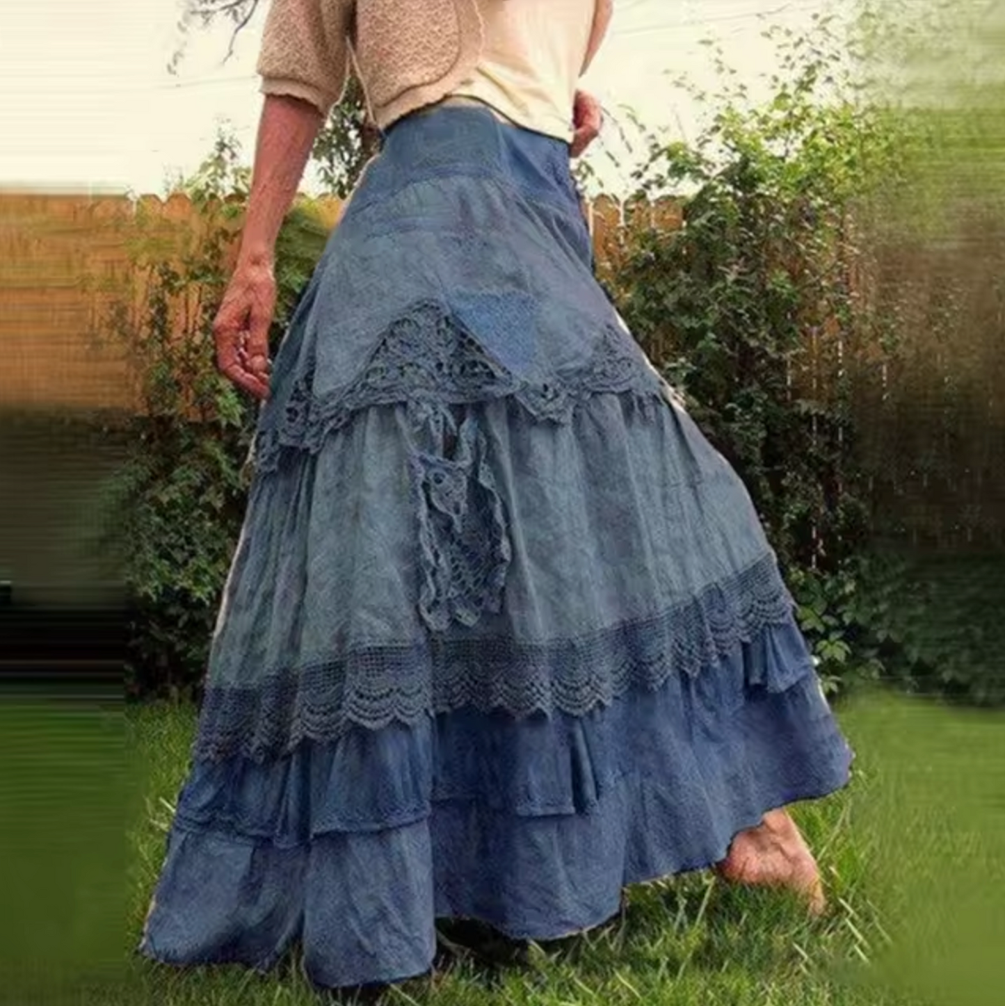 LeRoxy | Boho-Chic Gelaagde Maxi Rok | Stijlvolle Lange Denim Rok voor Dames