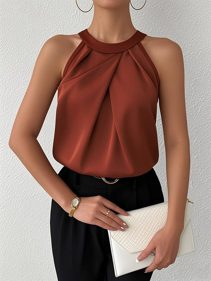 LeRoxy | Dames Satijnen Blouse Mouwloos | Open Schouders, Halternek & Plooidetail | Elegant