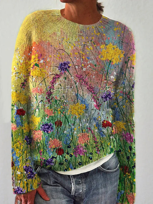 LeRoxy | Kunstzinnige Bloementrui | Warme Trui met Bloemenprint in Olieverfstijl