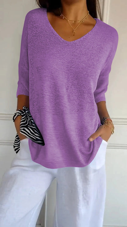 LeRoxy  Effen Gebreide Damestrui met V-Hals | Comfortabele Casual Pullover