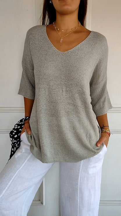 LeRoxy  Effen Gebreide Damestrui met V-Hals | Comfortabele Casual Pullover