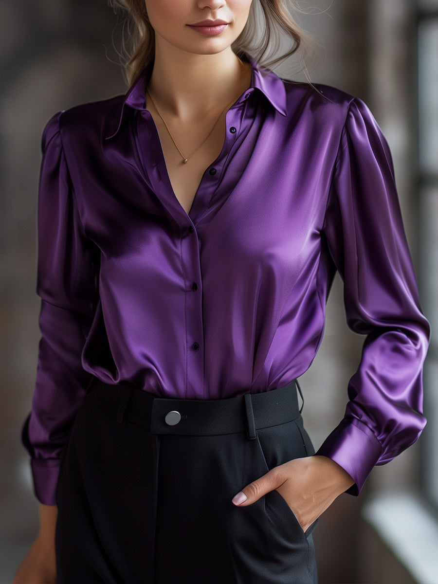 LeRoxy | Dames Satijnen Blouse Zwart | Elegante Lange Mouwen | Glanzende Look