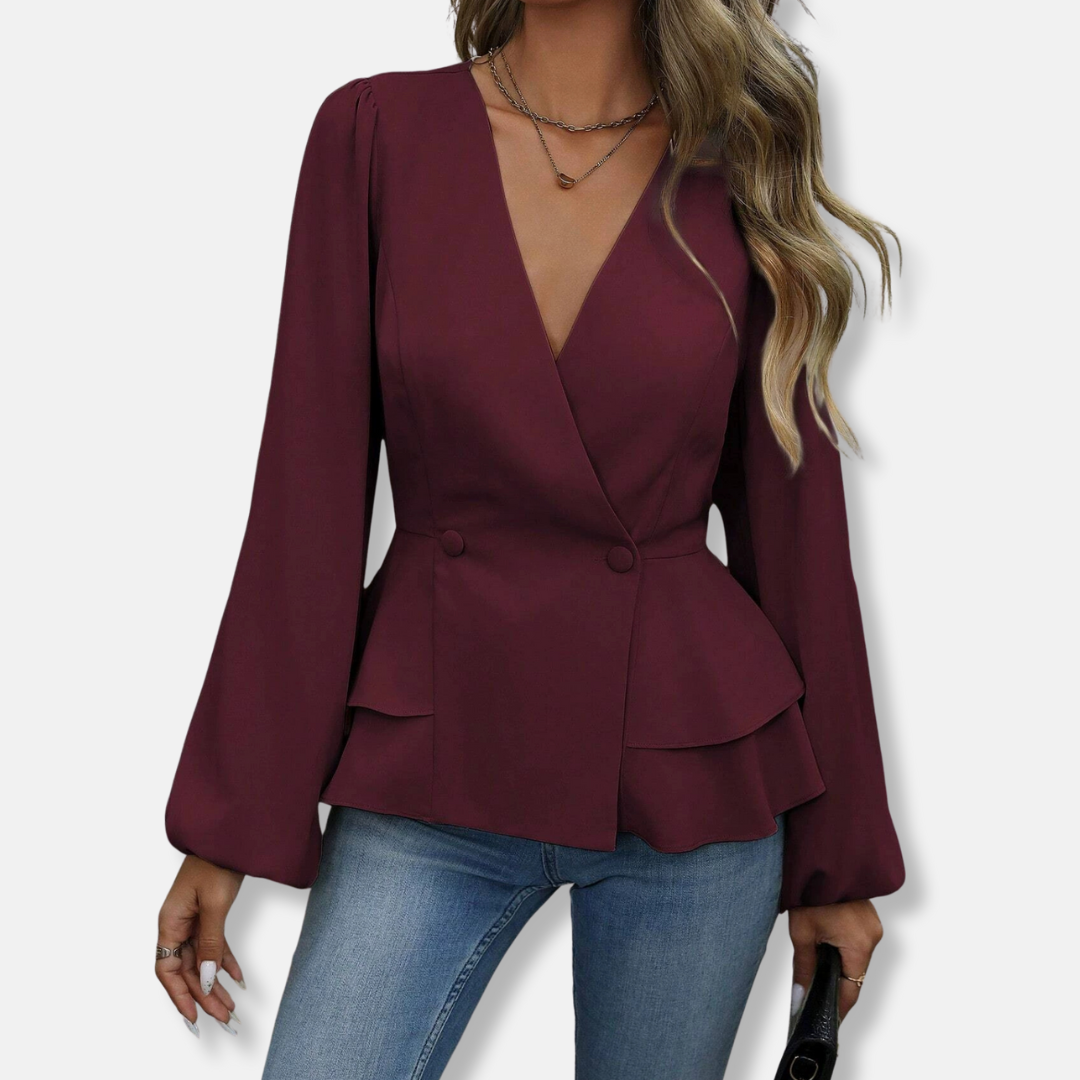 LeRoxy | Dames Blouse Slim Fit V-hals Geweven Stof Lange Bisschopsmouwen