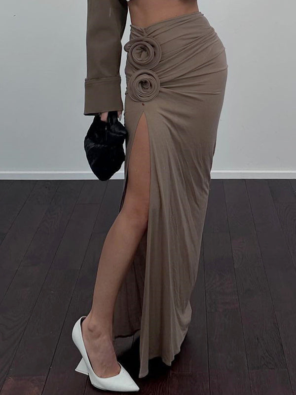 LeRoxy | Stijlvolle Bruine Maxi-Rok met Hoge Split en Ringdetails | Perfect voor Elke Gelegenheid