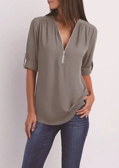 LeRoxy Elegante Damesblouse – V-hals Zip-Up | Stijlvol & Comfortabel