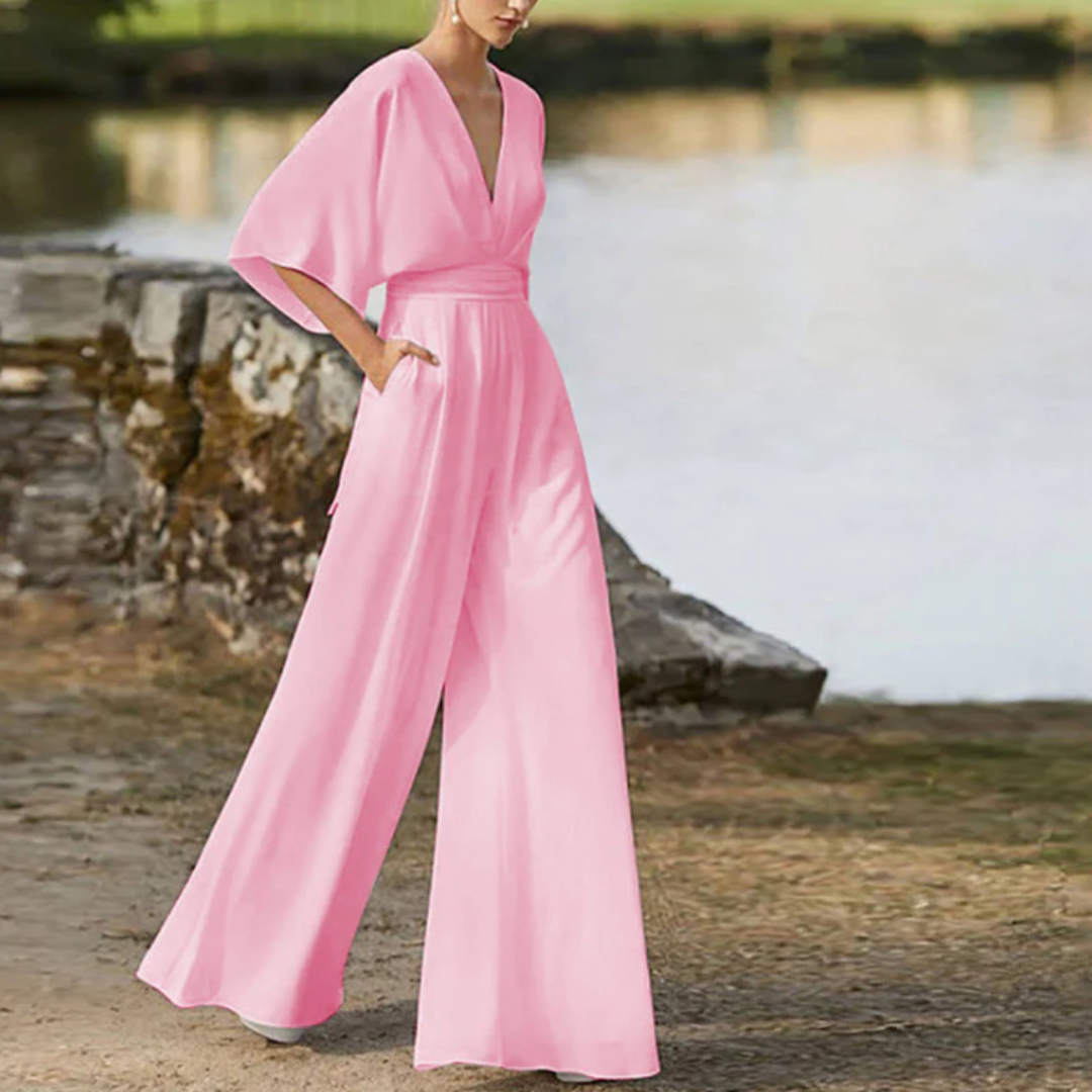 LeRoxy | Dames Jumpsuit met Relaxte Pasvorm, Diepe V-hals & Wijde Pijpen | Ademend Materiaal