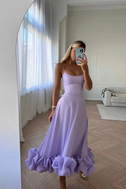 LeRoxy | Midi Jurk met Ruches en Spaghettibandjes | Elegante Zomerjurk