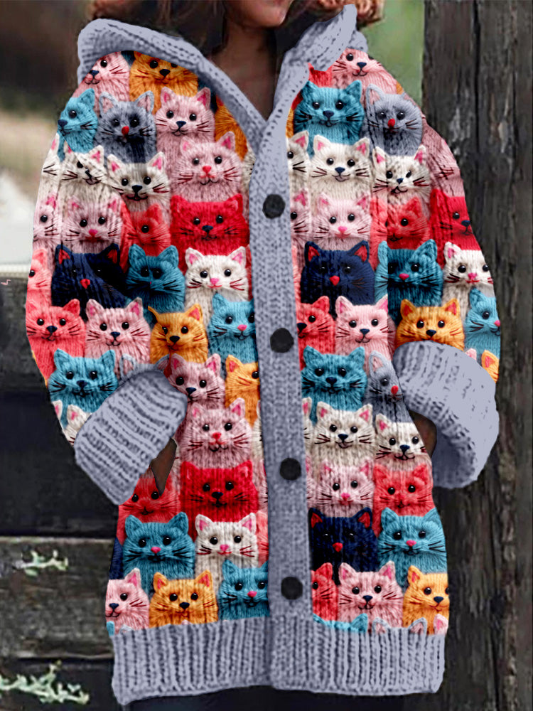 LeRoxy | Gebreide Damesjas met Knoopsluiting en Kattenprint | Comfortabel & Stijlvol