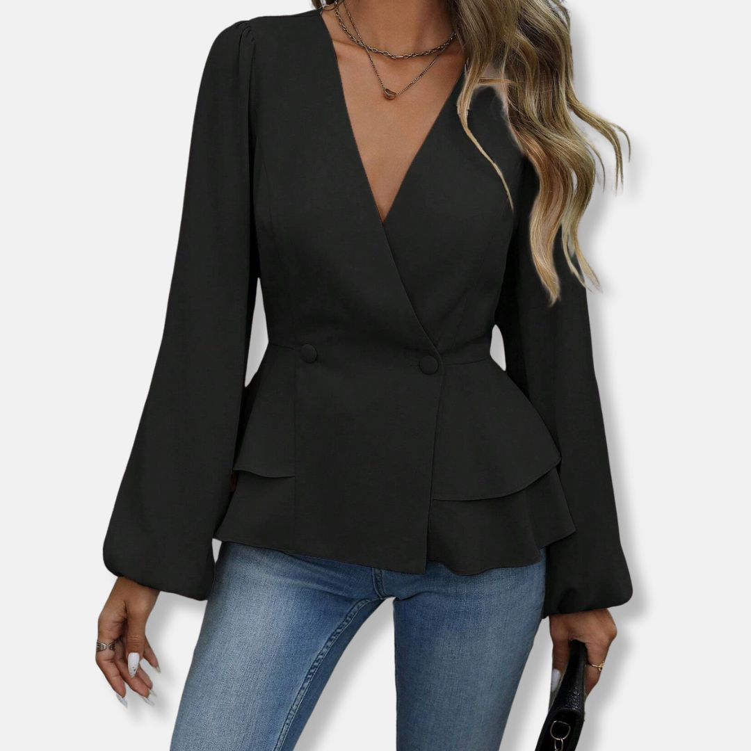 LeRoxy | Dames Blouse Slim Fit V-hals Geweven Stof Lange Bisschopsmouwen