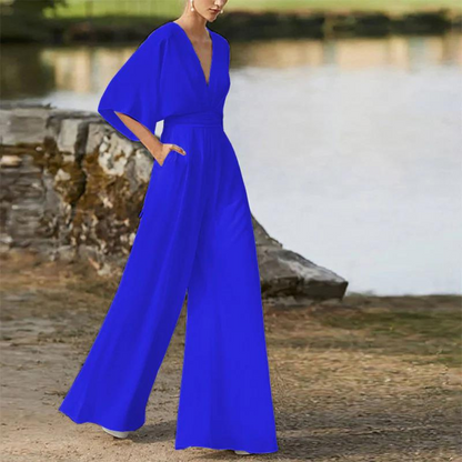 LeRoxy | Dames Jumpsuit met Relaxte Pasvorm, Diepe V-hals & Wijde Pijpen | Ademend Materiaal