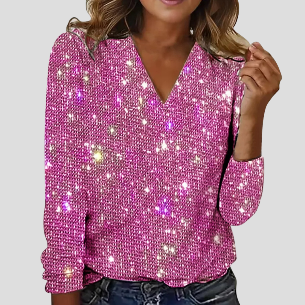 LeRoxy | Elegante V-hals glitterblouse dames met lange mouwen | Feestelijke top