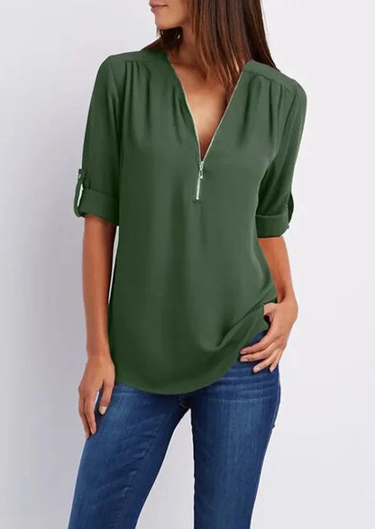 LeRoxy Elegante Damesblouse – V-hals Zip-Up | Stijlvol & Comfortabel