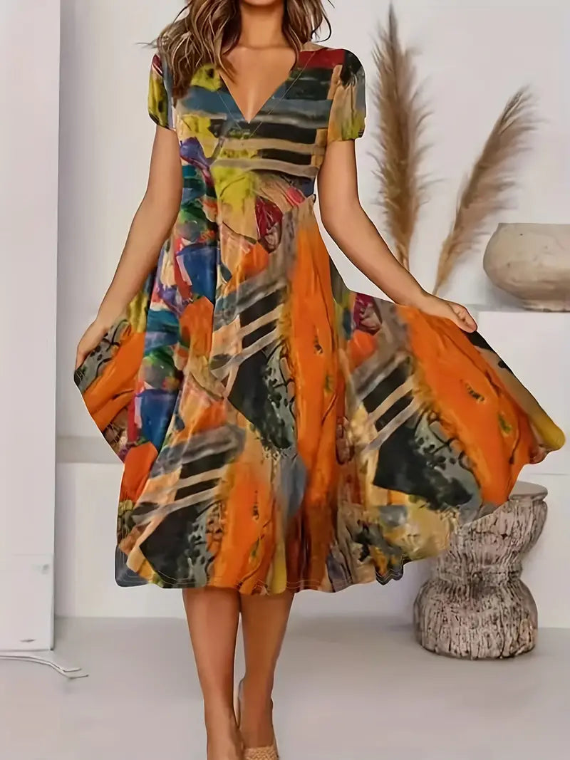 LeRoxy | Dames A-lijn Jurk met V-hals en Korte Mouwen | Comfortabel & Elegant