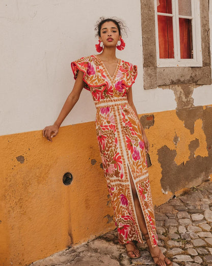 LeRoxy | Maxi Jurk met Bloemenprint en Volantmouwen voor Dames