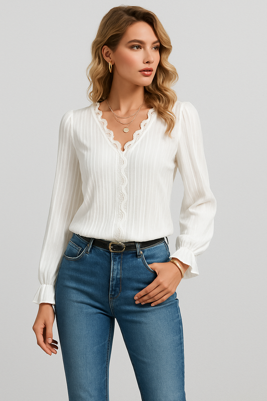 LeRoxy | Dames Kanten Blouse met Patchwork en V-Hals | Elegant & Luchtig