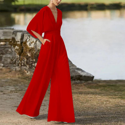 LeRoxy | Dames Jumpsuit met Relaxte Pasvorm, Diepe V-hals & Wijde Pijpen | Ademend Materiaal