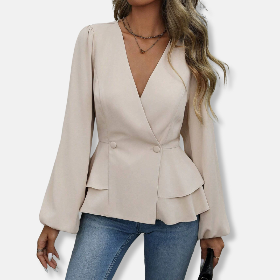LeRoxy | Dames Blouse Slim Fit V-hals Geweven Stof Lange Bisschopsmouwen