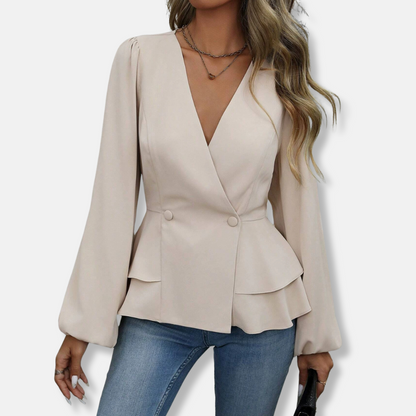 LeRoxy | Dames Blouse Slim Fit V-hals Geweven Stof Lange Bisschopsmouwen