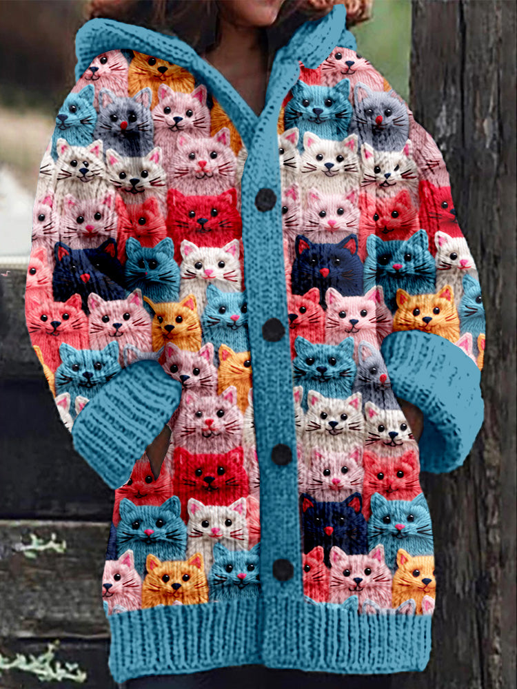 LeRoxy | Gebreide Damesjas met Knoopsluiting en Kattenprint | Comfortabel & Stijlvol