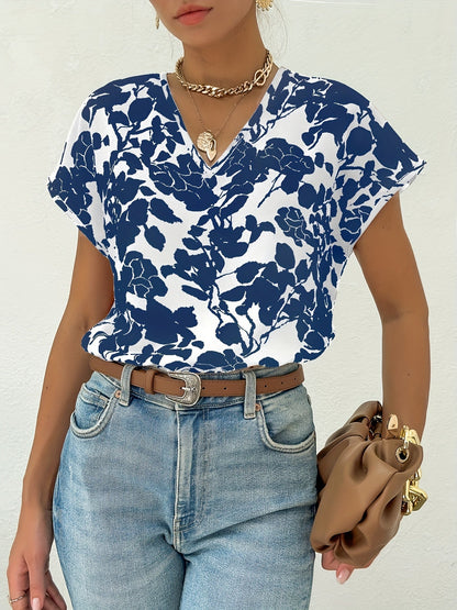 LeRoxy | Bloemenblouse met V-hals en Korte Mouwen - Luchtig Casual Voor Lente en Zomer
