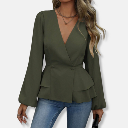 LeRoxy | Dames Blouse Slim Fit V-hals Geweven Stof Lange Bisschopsmouwen