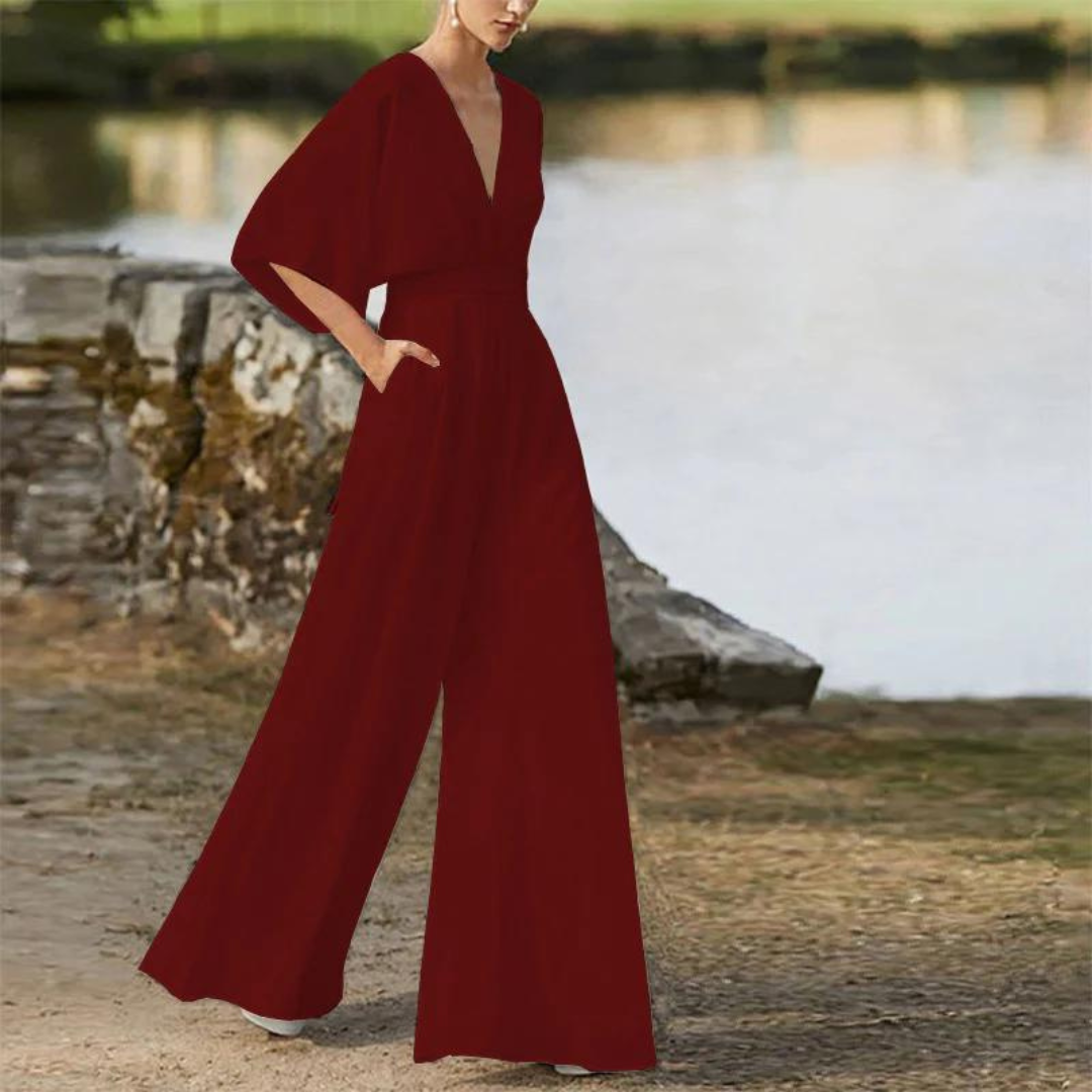 LeRoxy | Dames Jumpsuit met Relaxte Pasvorm, Diepe V-hals & Wijde Pijpen | Ademend Materiaal
