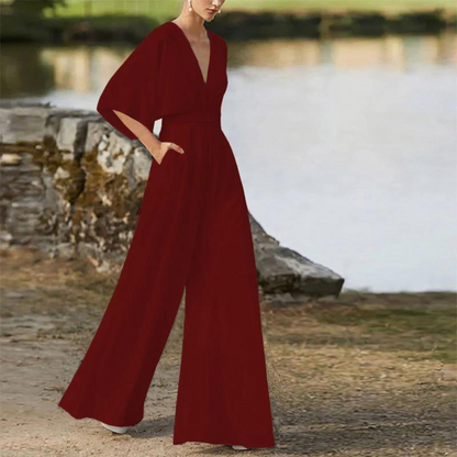 LeRoxy | Dames Jumpsuit met Relaxte Pasvorm, Diepe V-hals & Wijde Pijpen | Ademend Materiaal