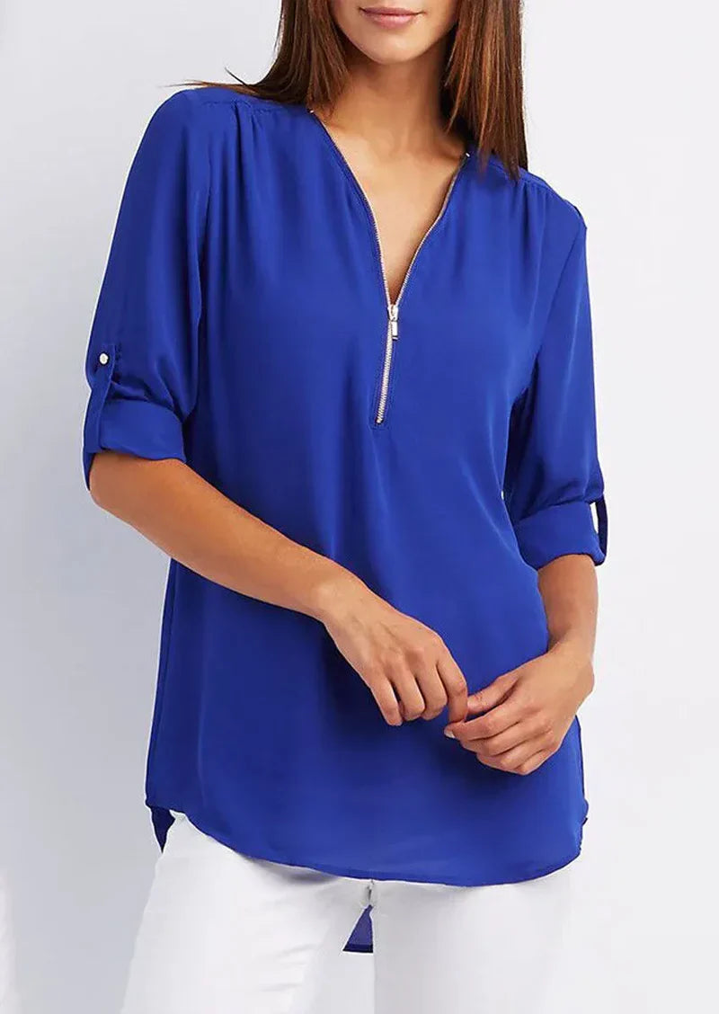 LeRoxy Elegante Damesblouse – V-hals Zip-Up | Stijlvol & Comfortabel