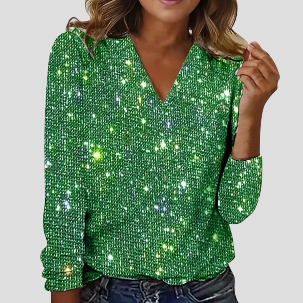 LeRoxy | Elegante V-hals glitterblouse dames met lange mouwen | Feestelijke top