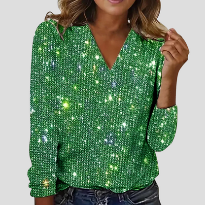 LeRoxy | Elegante V-hals glitterblouse dames met lange mouwen | Feestelijke top