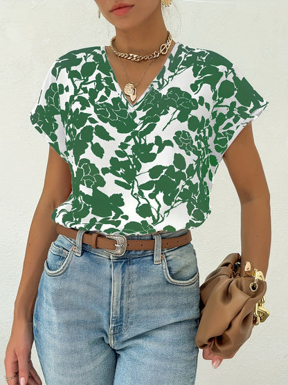 LeRoxy | Bloemenblouse met V-hals en Korte Mouwen - Luchtig Casual Voor Lente en Zomer
