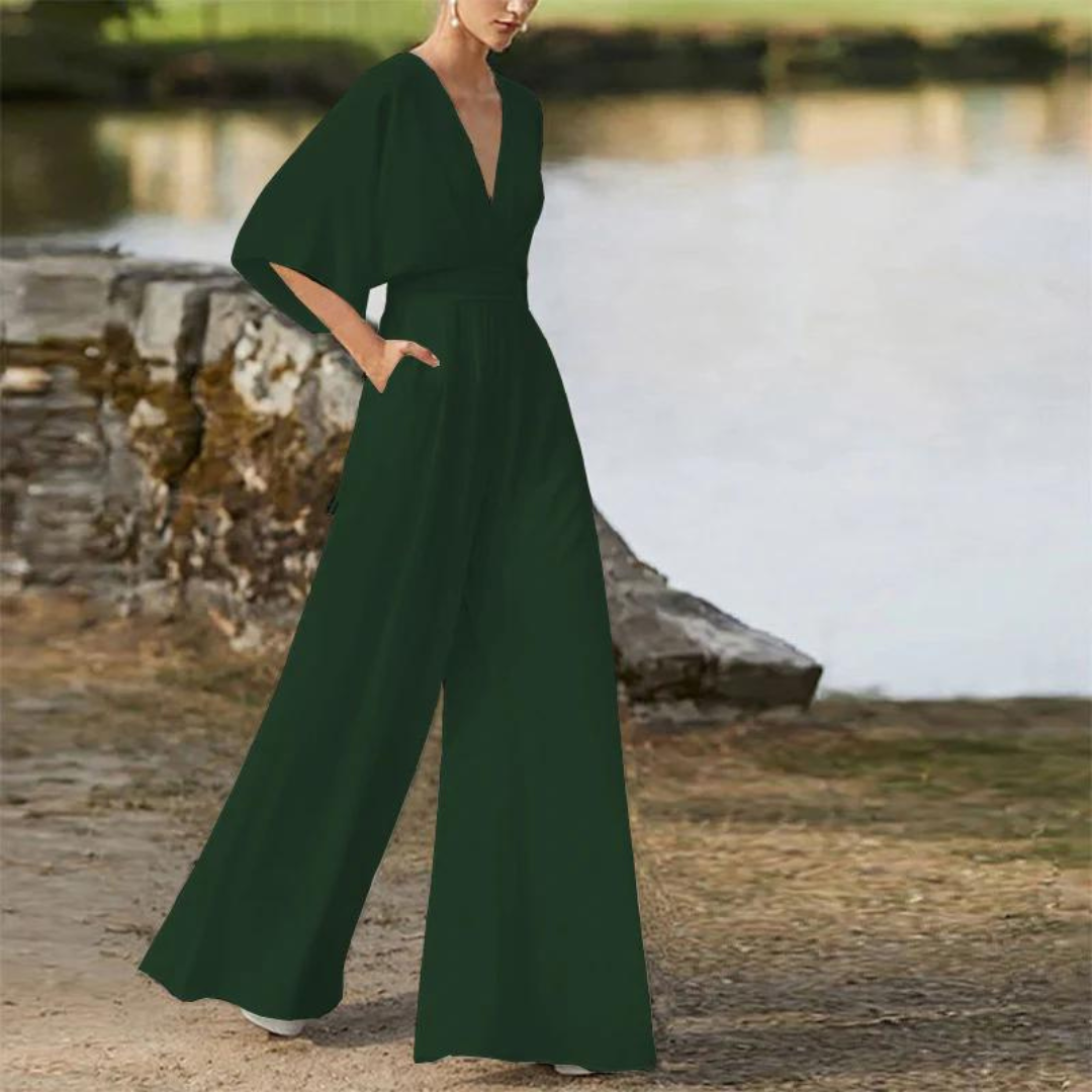 LeRoxy | Dames Jumpsuit met Relaxte Pasvorm, Diepe V-hals & Wijde Pijpen | Ademend Materiaal
