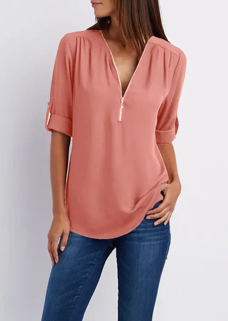LeRoxy Elegante Damesblouse – V-hals Zip-Up | Stijlvol & Comfortabel