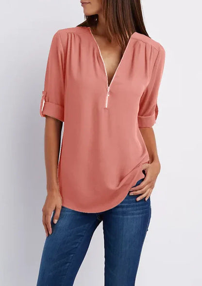 LeRoxy Elegante Damesblouse – V-hals Zip-Up | Stijlvol & Comfortabel