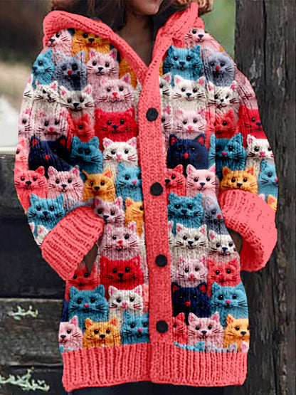 LeRoxy | Gebreide Damesjas met Knoopsluiting en Kattenprint | Comfortabel & Stijlvol
