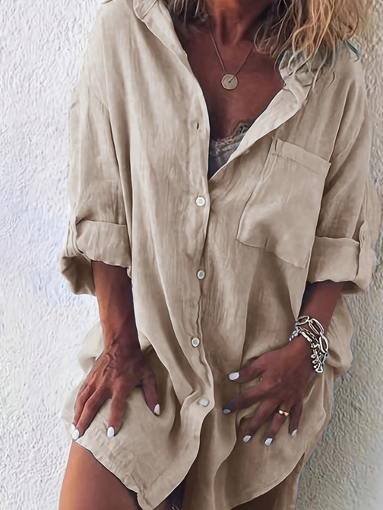 LeRoxy | Beige Linnen Look Blouse | V-Hals, Lange Mouwen & Borstzak