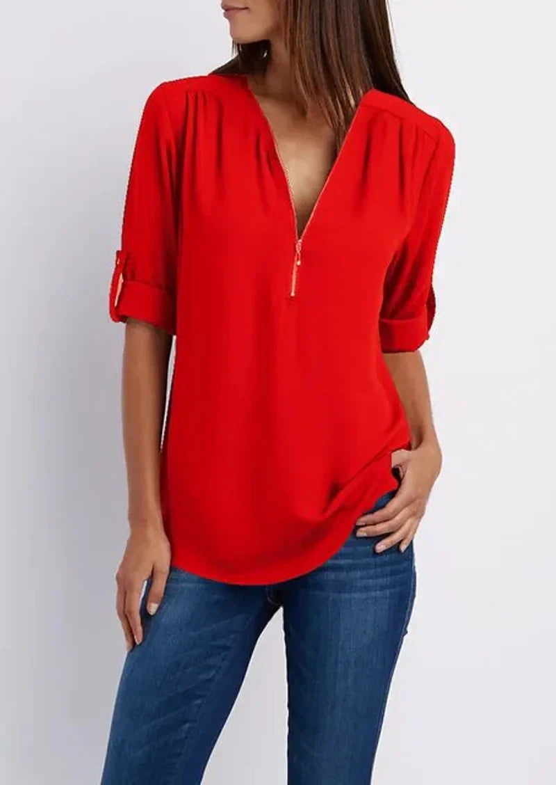 LeRoxy Elegante Damesblouse – V-hals Zip-Up | Stijlvol & Comfortabel