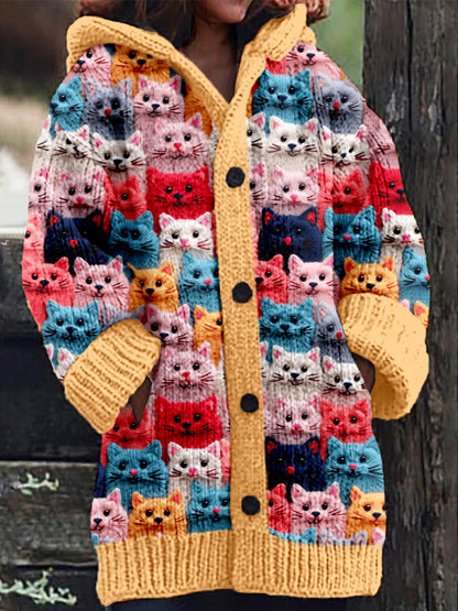LeRoxy | Gebreide Damesjas met Knoopsluiting en Kattenprint | Comfortabel & Stijlvol