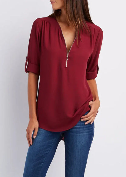 LeRoxy Elegante Damesblouse – V-hals Zip-Up | Stijlvol & Comfortabel