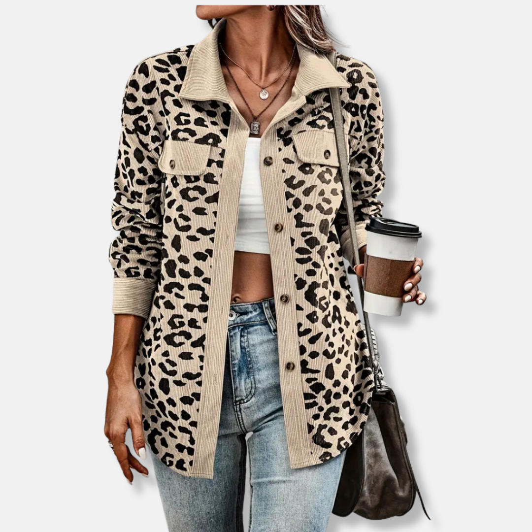 LeRoxy | Dames Jacket van Ribstof met Luipaardprint, Relaxed Fit en Lange Mouwen