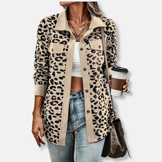 LeRoxy | Dames Jacket van Ribstof met Luipaardprint, Relaxed Fit en Lange Mouwen