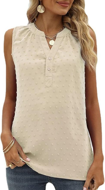 LeRoxy | Luchtige Mouwloze Zomerblouse met Zwitserse Stip & V-hals | Casual Top met Knoopjes