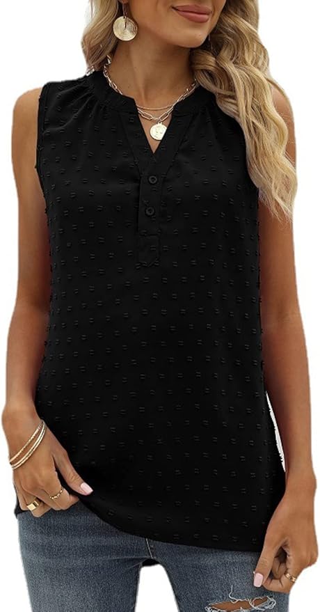 LeRoxy | Luchtige Mouwloze Zomerblouse met Zwitserse Stip & V-hals | Casual Top met Knoopjes