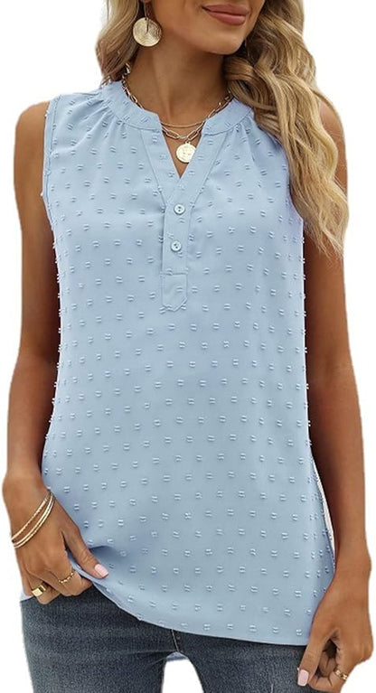 LeRoxy | Luchtige Mouwloze Zomerblouse met Zwitserse Stip & V-hals | Casual Top met Knoopjes